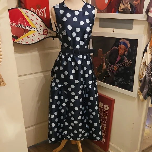 Kay Unger Navy and White Polka Dot A-Line Dress - Picture 1 of 9